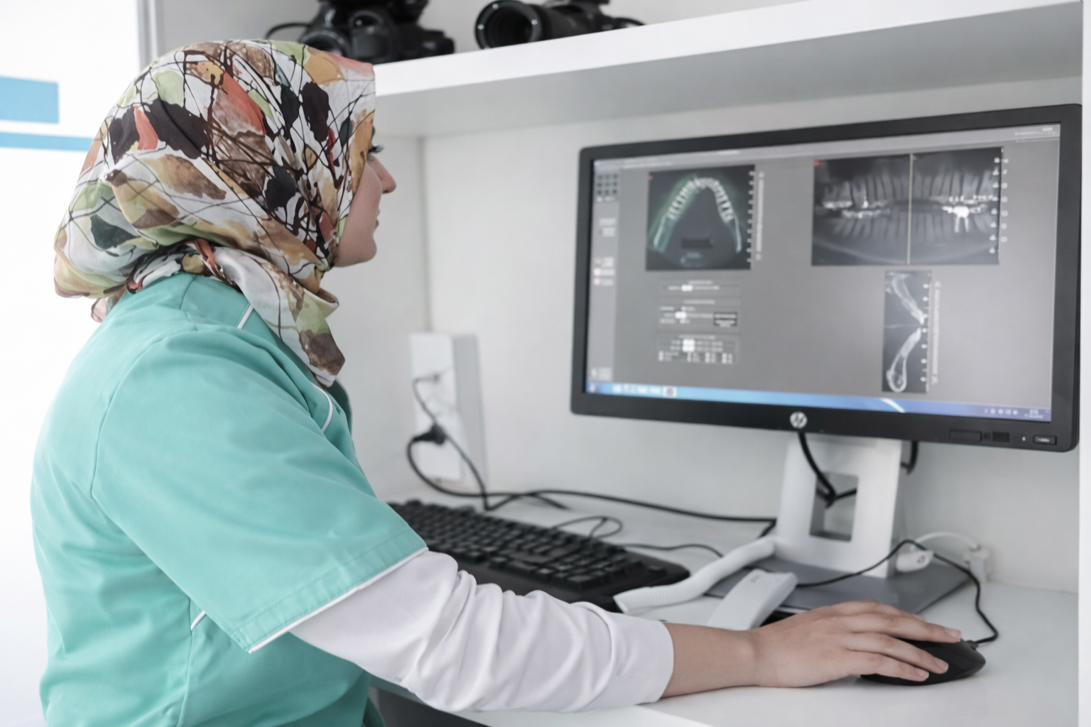 Dentiste réalisant un soin dentaire précis sur un patient équipé d’un champ opératoire, dans un environnement médical moderne et stérile à la Chadi Dental Clinic à Casablanca